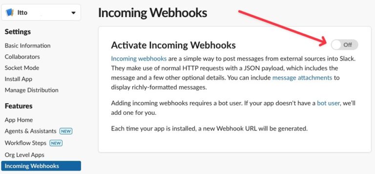 Activate Slack Incoming Webhooks