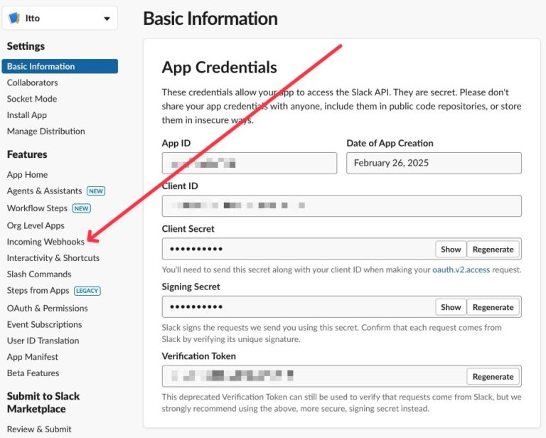 Slacks incoming webhooks link